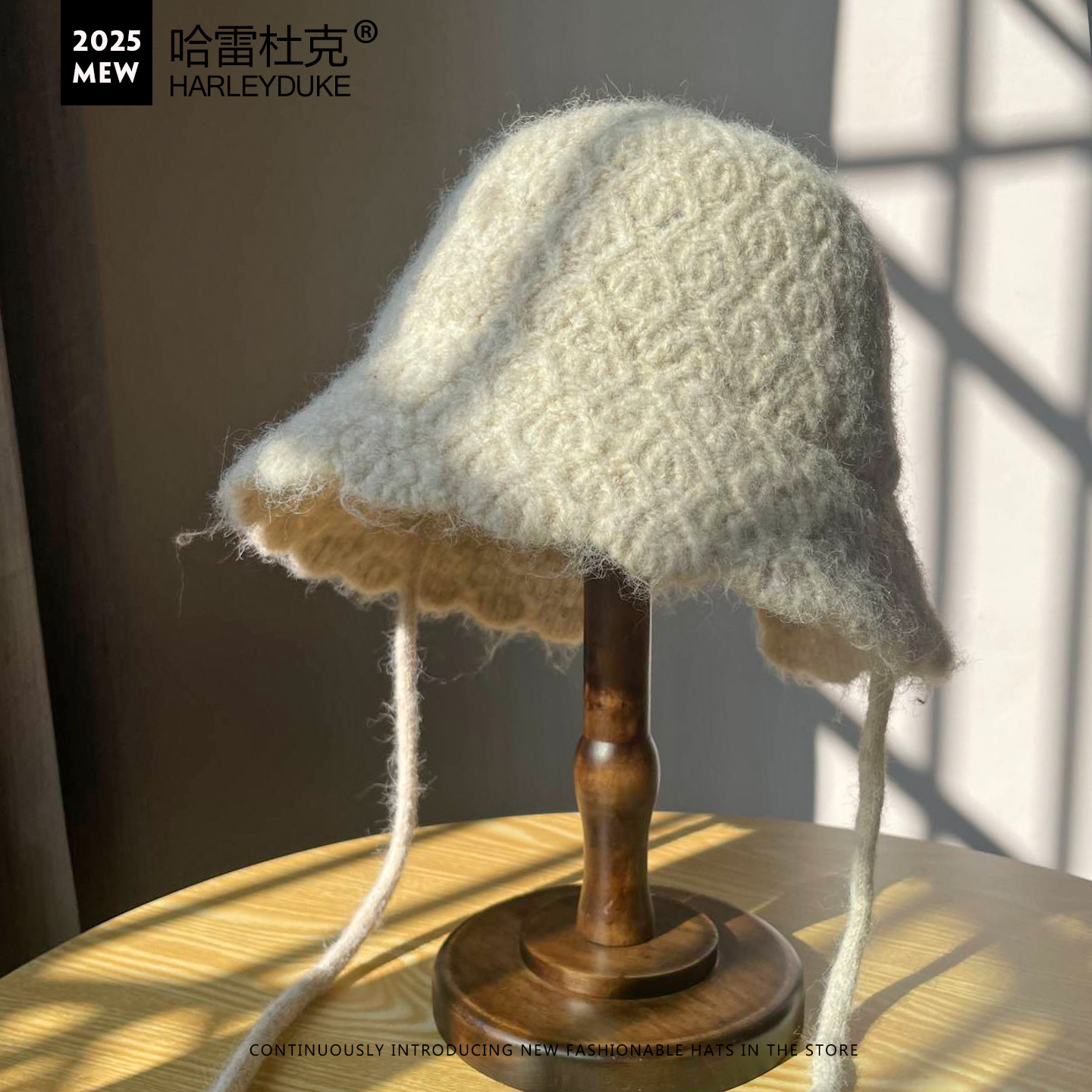 绑带毛线盆帽子女秋冬甜美针织帽