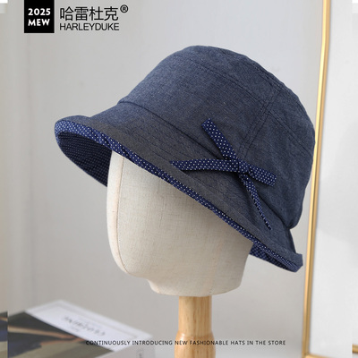 波点蝴蝶结棉麻妈妈盆帽卷边