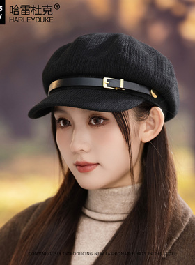英伦风黑色百搭皮带扣八角帽子女秋冬季新款宽檐显脸小时尚画家帽