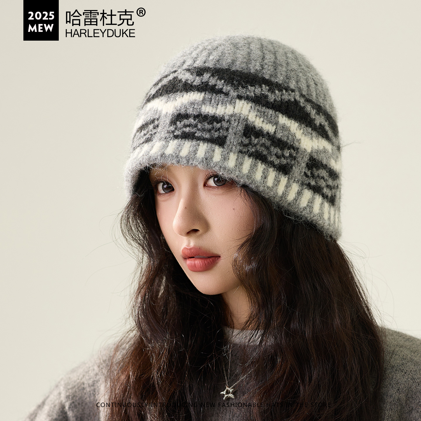 复古提花针织毛线盆帽女秋冬新款