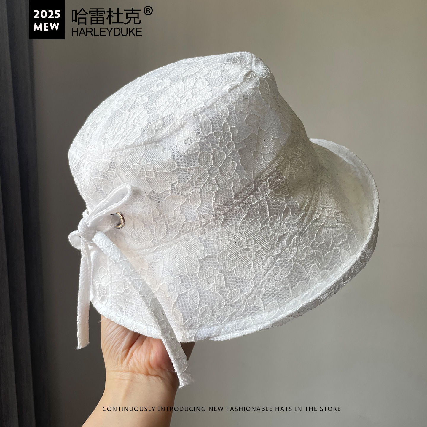 蕾丝渔夫帽子女夏季卷边翘沿盆帽优雅气质显脸小蝴蝶结绑带可折叠