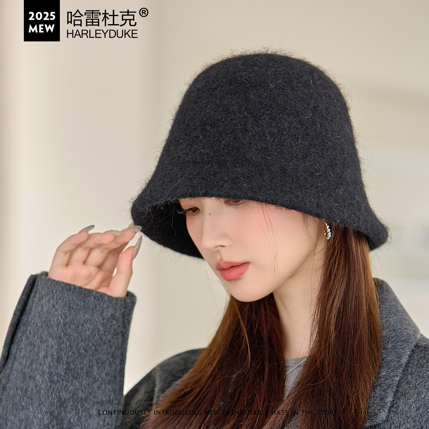 帽子女秋冬简约羊毛水桶帽保暖帽