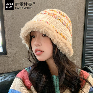 韩版彩色花线女毛绒边渔夫帽秋冬季保暖显脸小粗毛线盆帽手工钩织