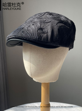 春夏新款黑色刺绣花纹前进帽子女士大头宽檐软顶显脸小反戴贝雷帽