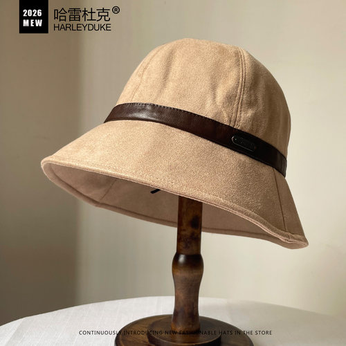 秋季女仿麂皮绒撞色渔夫帽显脸小