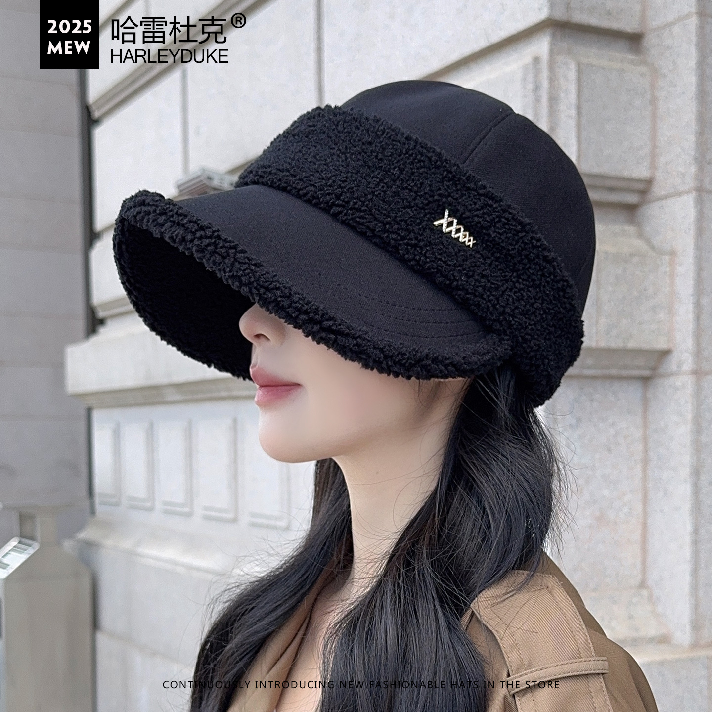 秋冬毛绒拼接加厚保暖大檐显脸小鸭舌帽子女款韩版时尚纯色马术帽