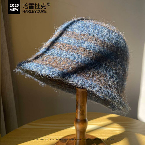 撞色条纹毛线盆帽子女秋冬显脸小