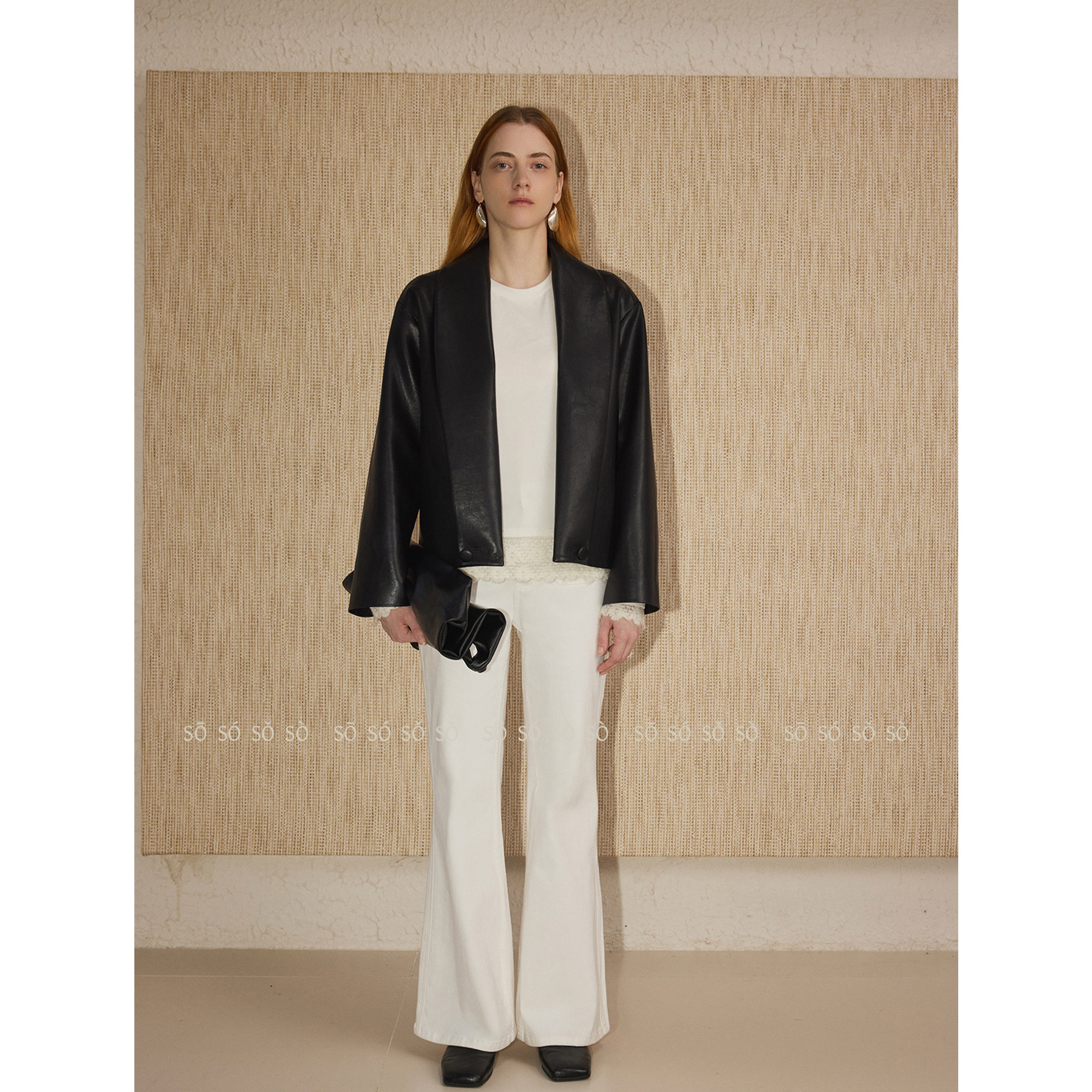 SO 25秋冬新款黑色短款皮衣复古时尚气质百搭大翻领宽松上衣外套