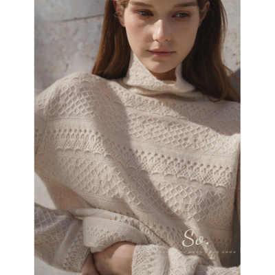 SO 【31羊绒+69羊毛】 米色双层钩花高领保暖宽松针织衫内搭