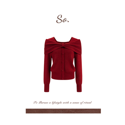 SO 【新年限定】双色一字领羊毛金丝纱线混纺蝴蝶结两穿设计上衣