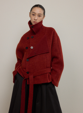 SO 【羊毛+羊驼】24秋冬系列双层门襟翻领双色短款松弛感毛衣外套