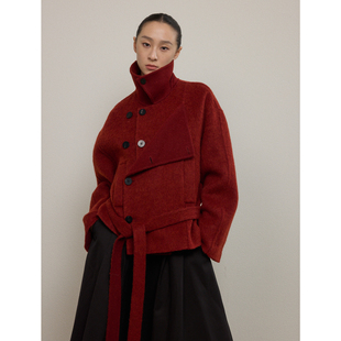 SO 【羊毛+羊驼】24秋冬系列双层门襟翻领双色短款松弛感毛衣外套