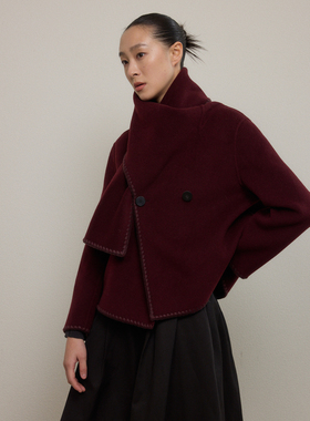 SO 24秋冬新款原创设计【羊毛+蚕丝】酒红色短款通勤毛呢外套大衣