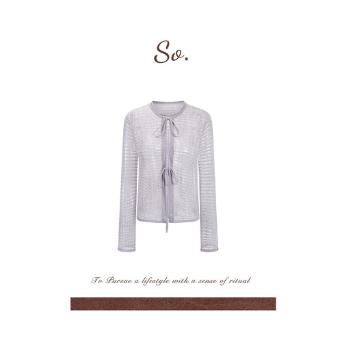 SO 26ss法式原创镂空双绳系带设计双色针织开衫女气质感时尚上衣