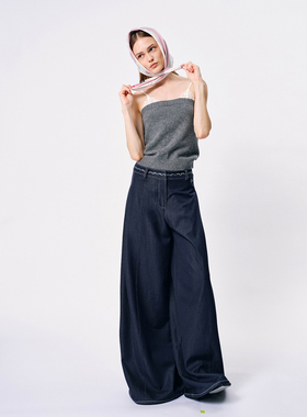 SO 原创设计深蓝色复古时髦阔腿裤秋季时髦百搭休闲宽松直筒长裤