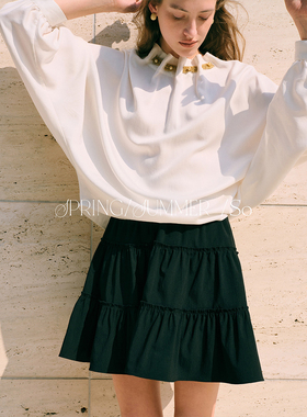 SO 26ss法式春夏精致感A字百搭黑白双色抽褶花边蛋糕裙