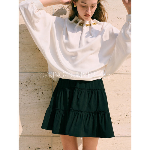 SO 26ss法式春夏精致感A字百搭黑白双色抽褶花边蛋糕裙