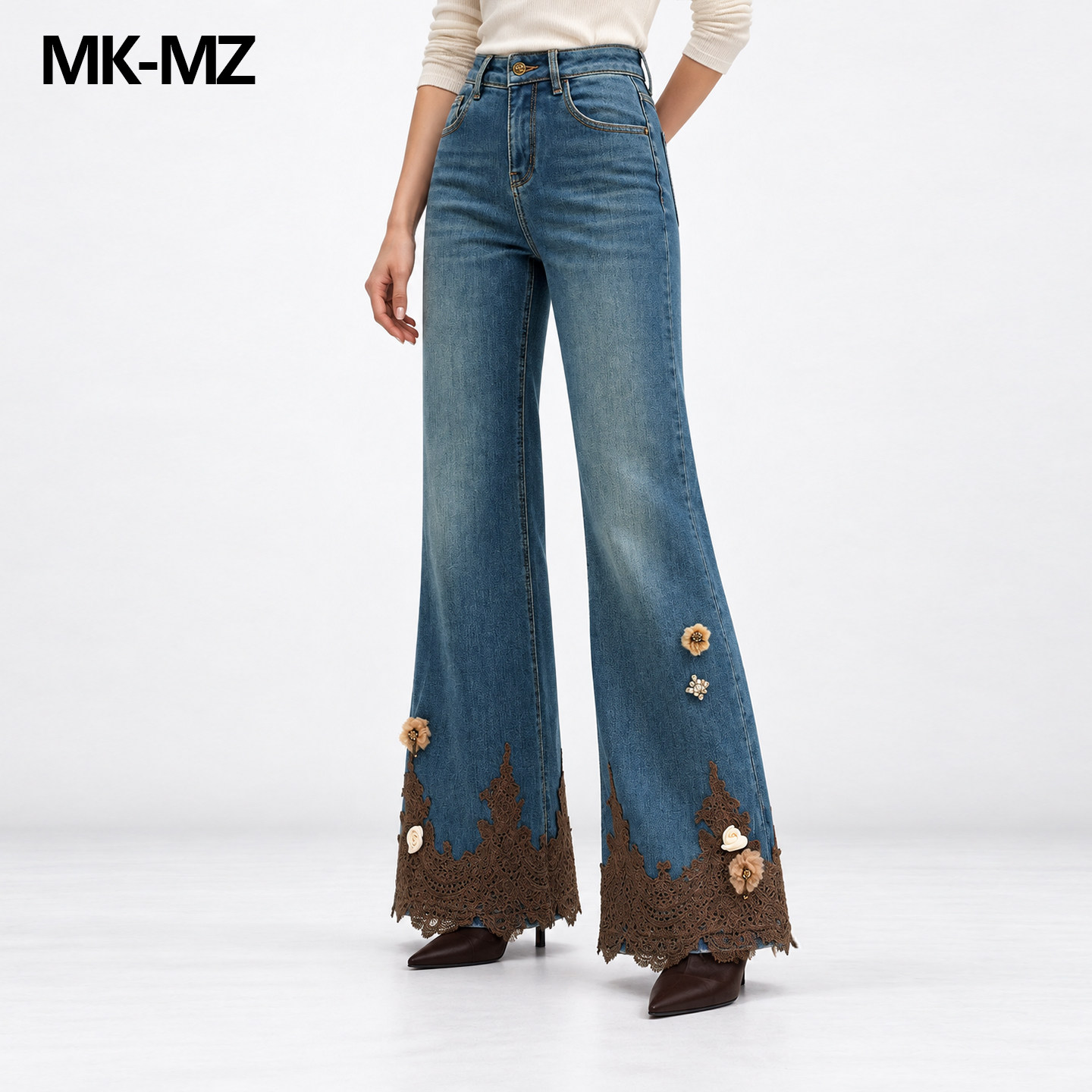 MKMZ「花蕾蓝叙」蕾丝裤脚大喇叭重工牛仔裤女高腰显瘦加绒长裤子
