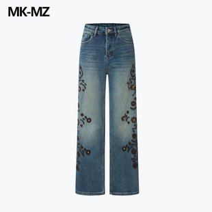 MKMZ「繁花蓝叙」民族风大花朵阔腿牛仔裤女高腰显瘦复古蓝长裤