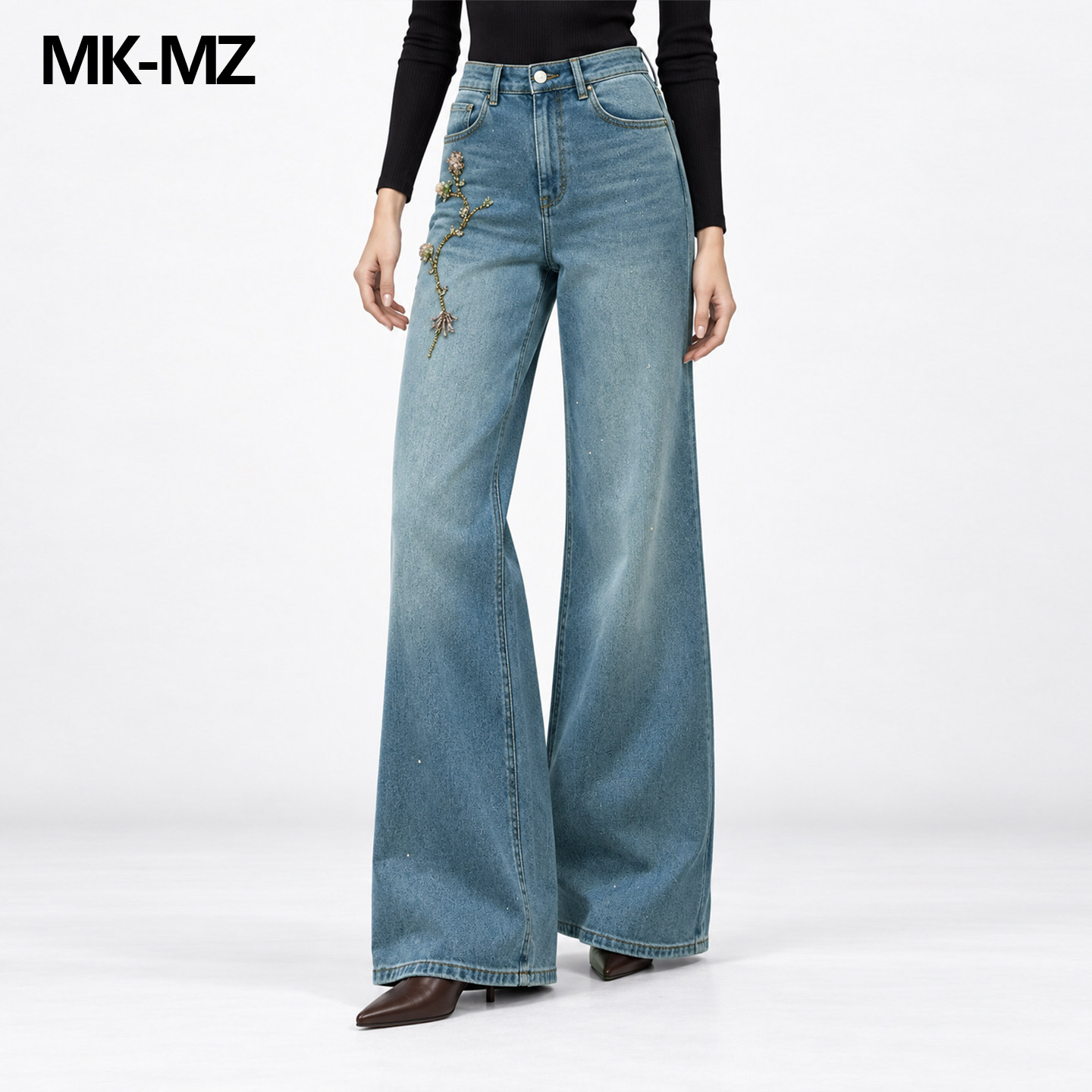 MKMZ「攀花蓝叙」复古蓝不对称钉珠刺绣阔腿牛仔裤女高腰显瘦长裤