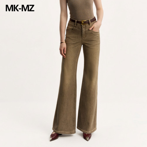 MKMZ重工高腰女微喇牛仔裤复古精致后袋修身显瘦显高喇叭裤女