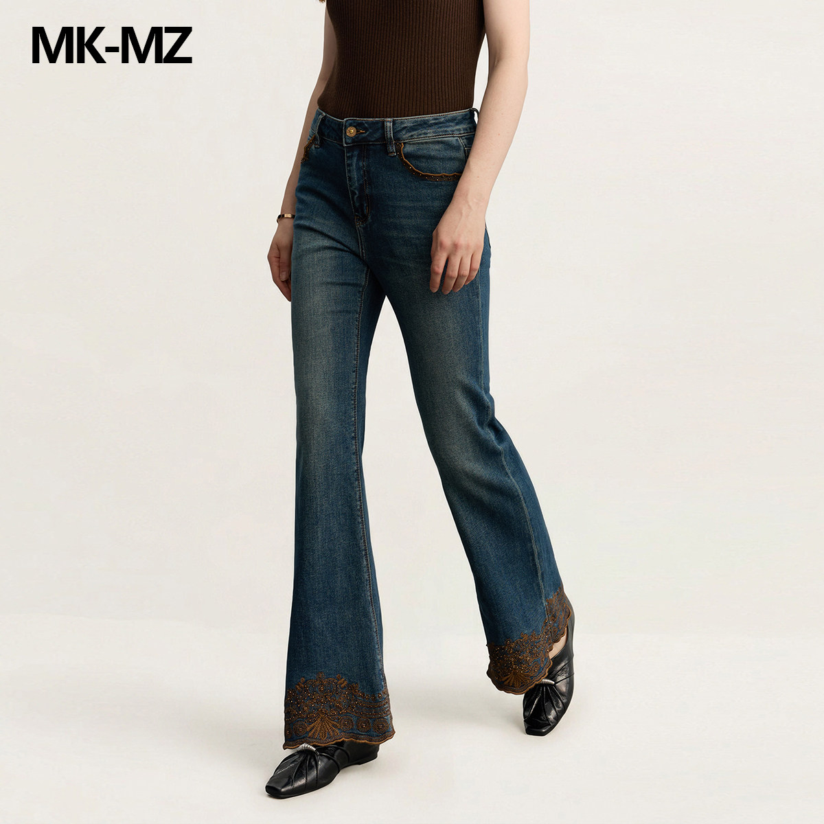 MKMZ「花浪踏影」重工绣花微喇牛仔裤女复古裤脚设计感拖地喇叭裤