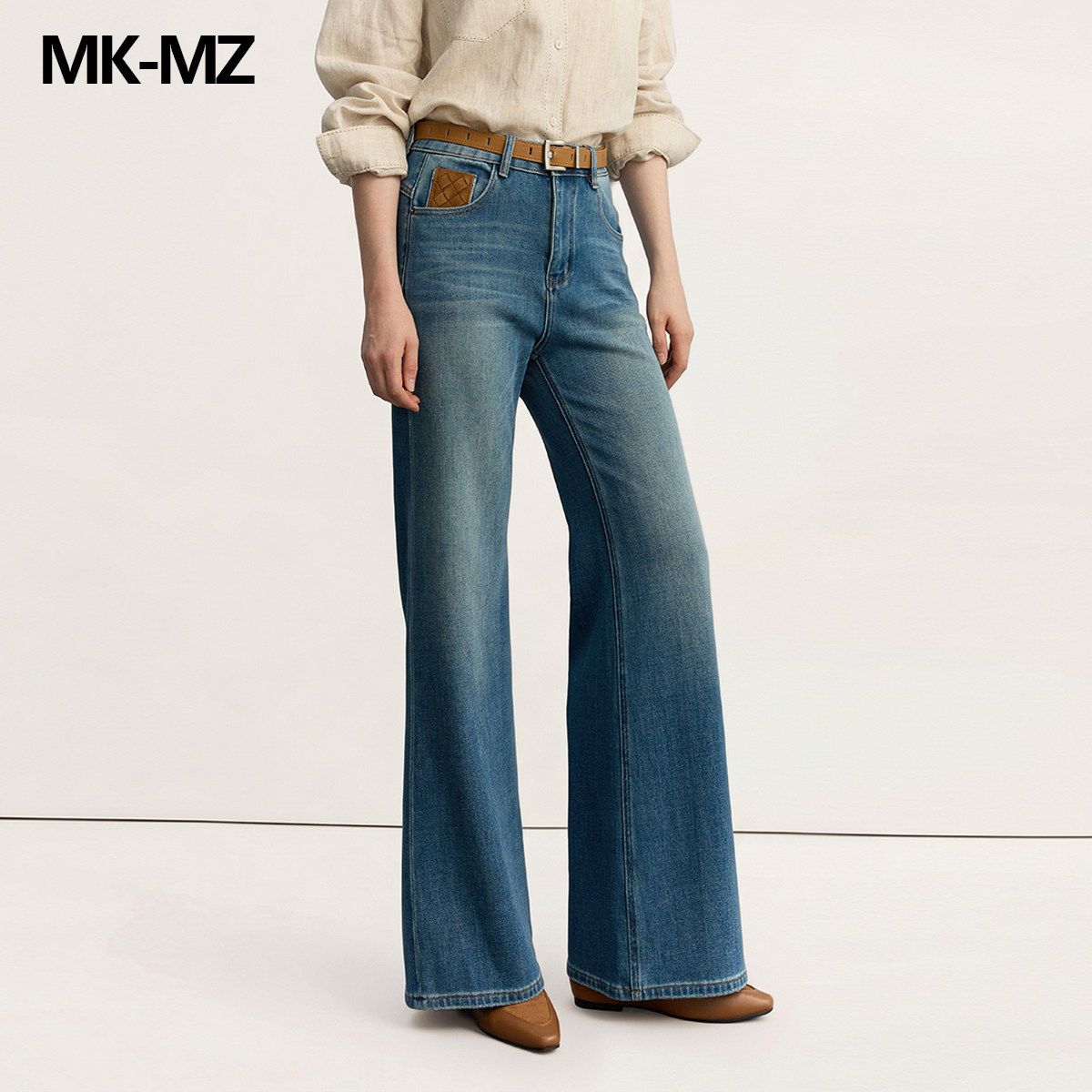 MKMZ「浅屿风叙」菱格皮贴袋复古牛仔裤女高腰松弛感显瘦喇叭裤子