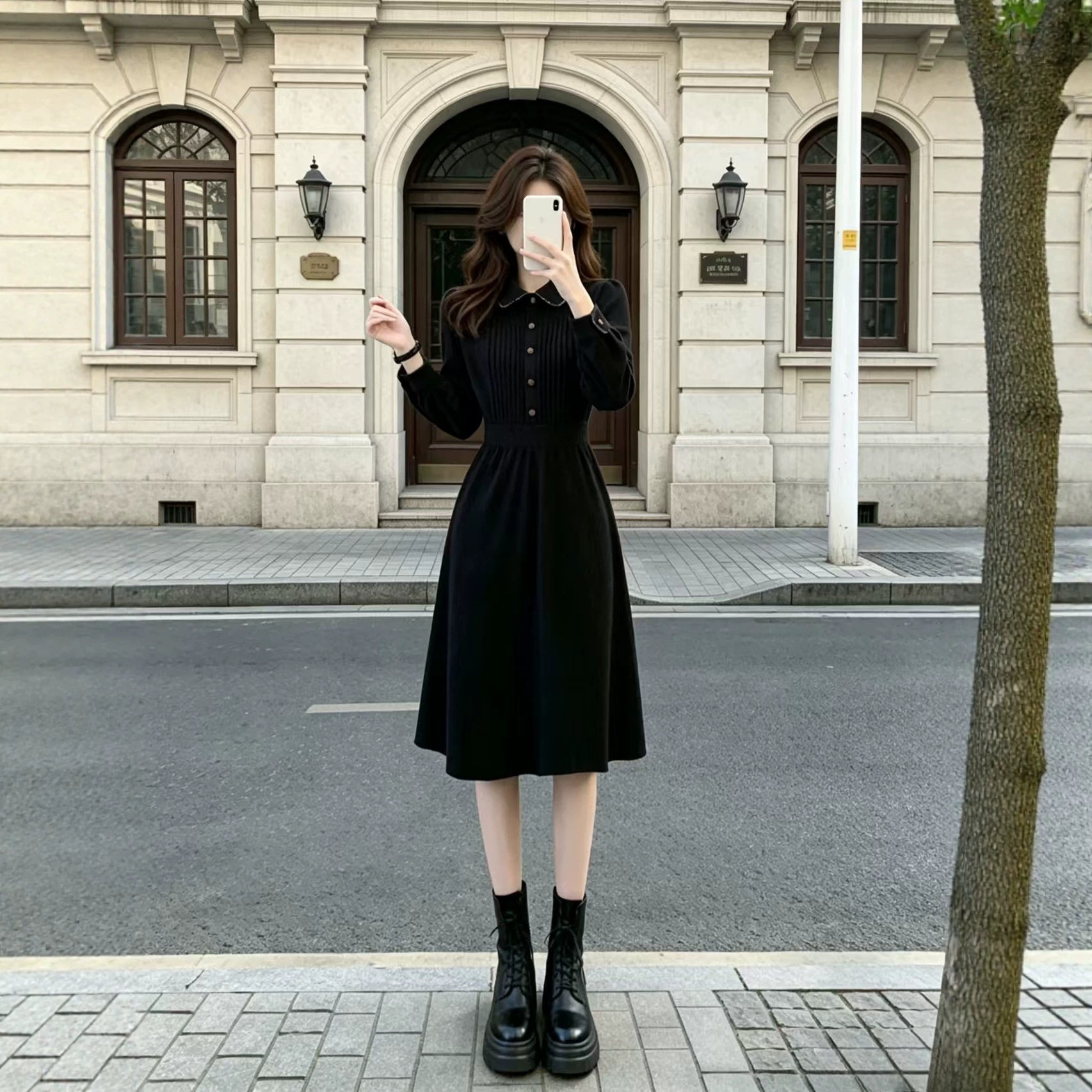 2026秋冬羊毛衫女装POLO领长袖毛衣显瘦撞色包臀针织气质连衣裙