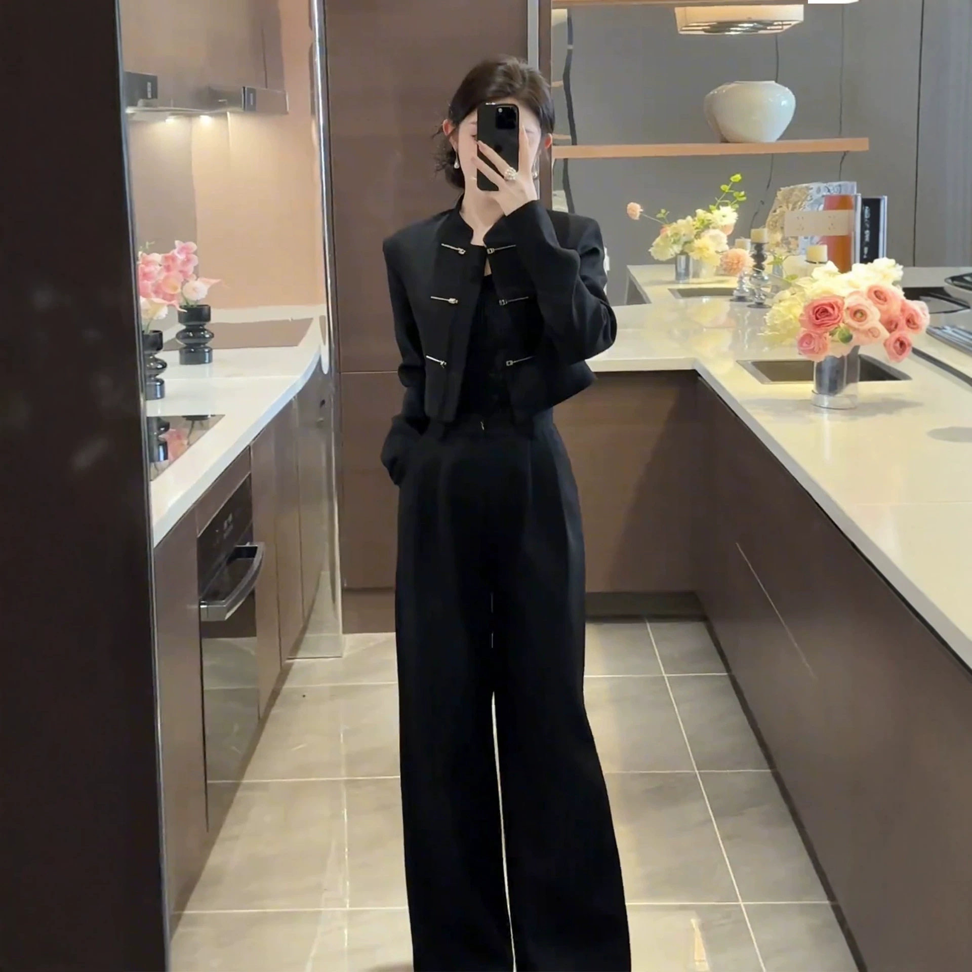 韩国chic秋季时尚洋气宽松休闲短款西装外套西服女长裤套装两件套