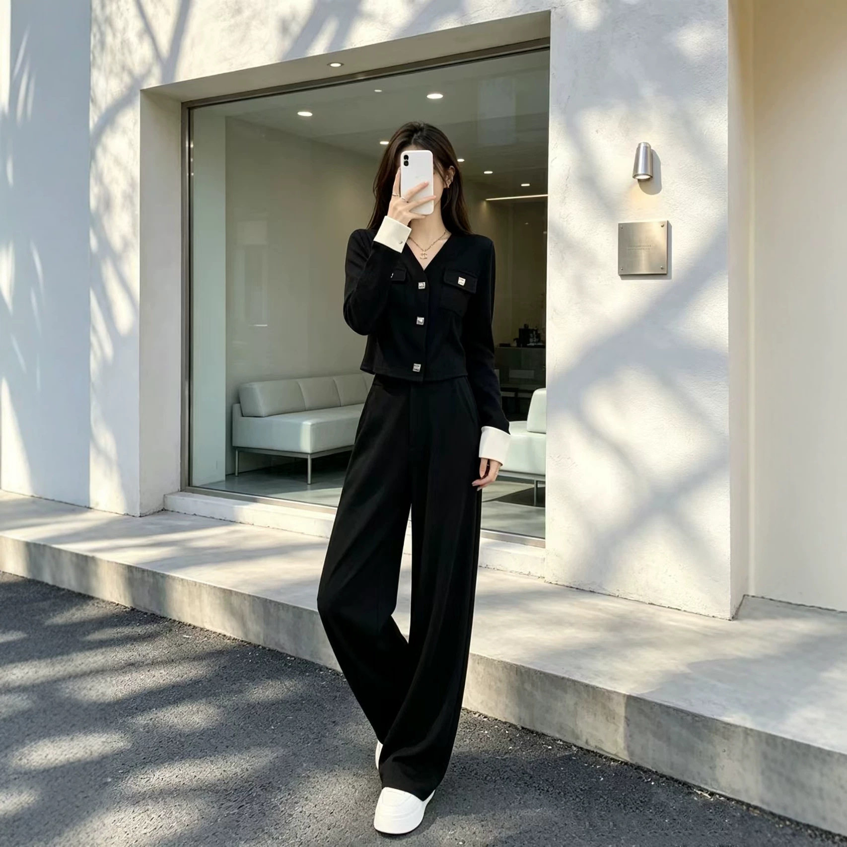 高级感条纹拼接西装套装女秋冬2026年新款气质轻熟风阔腿裤两件套
