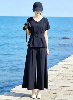 休闲气质优雅套装女装2026夏季新款短袖衬衫阔腿裙裤时尚两件套潮