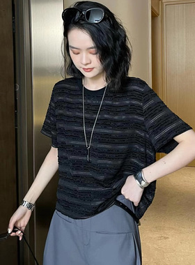 xde3042宽松短款条纹T恤女2026夏季新款时尚减龄圆领短袖显瘦上衣
