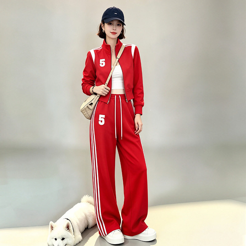 高级感红色运动时尚套装裤女秋冬季拉链开衫阔腿裤减龄休闲两件套