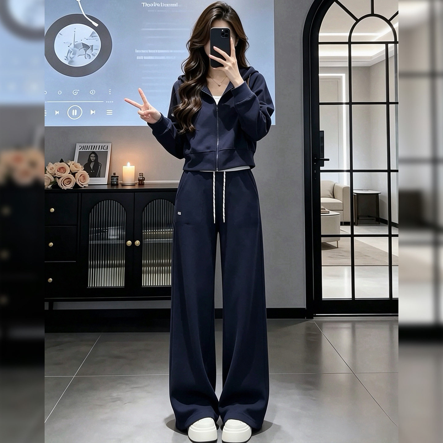 2026新款韩系休闲时尚宝蓝色连帽拉链卫衣裤子运动套装秋冬两件套