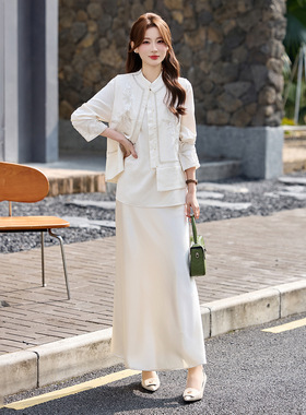 2026春季新款中式钉珠亮片国风重工刺绣马甲衬衫半裙三件套HM2604