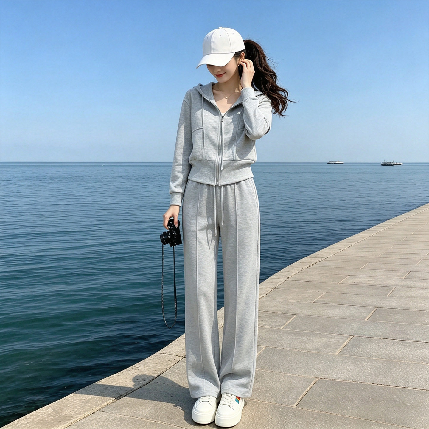 秋新款韩版灰色休闲运动套装女时尚减龄洋气外套上衣阔腿裤两件套