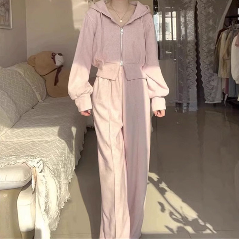 春秋季2026新款女装休闲时尚运动套装盐系穿搭连帽卫衣外套阔脚裤