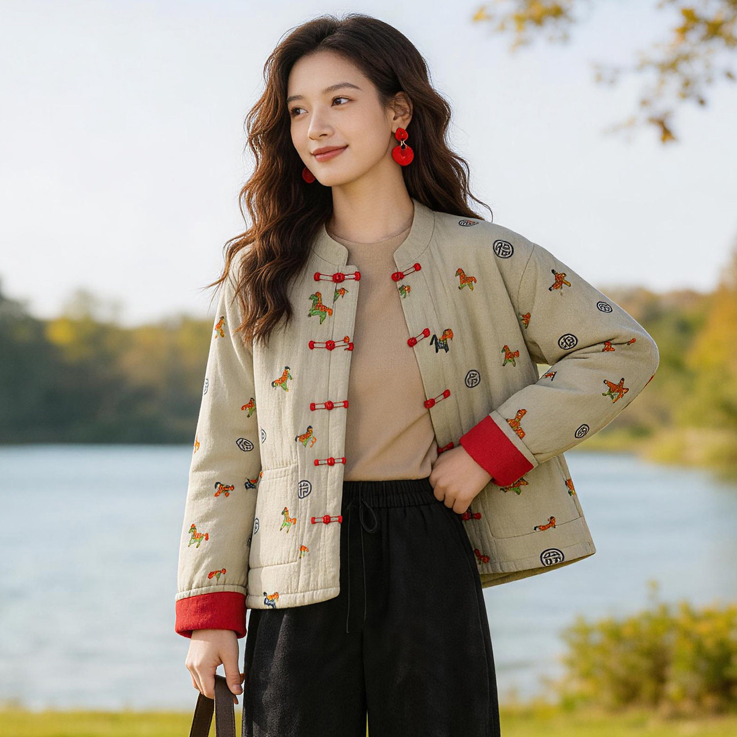 2026秋冬新中式盘扣印花棉衣棉服女立领夹棉保暖棉袄外套