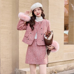 千金风粗花呢短款羽绒服套装女2025冬季新款狐狸毛高级感小香风潮