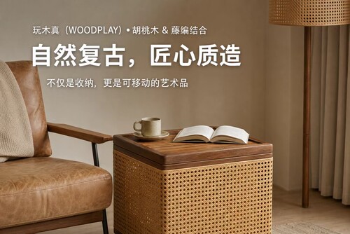 胡桃木藤编收纳箱带滑轮带盖可移动储物箱衣物整理箱40/40/44公分