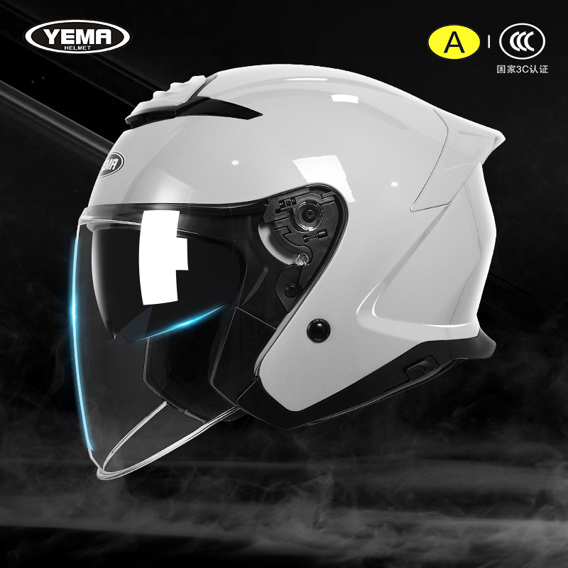 野马3C认证摩托车头盔男冬季骑行四分之三半盔双镜片电动车安全帽
