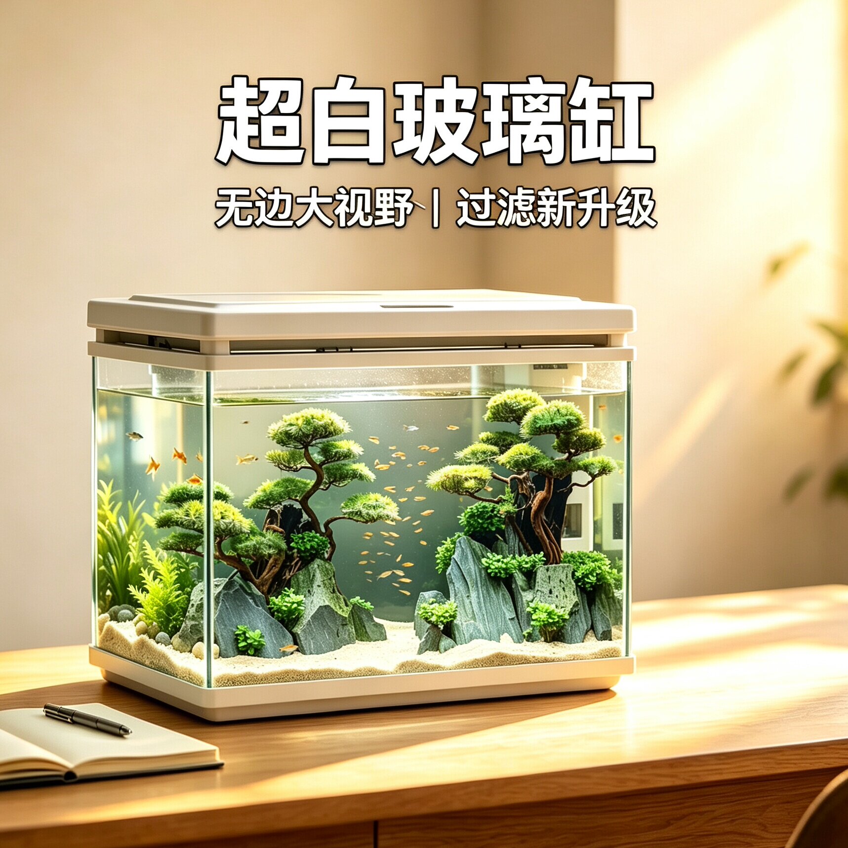 森森超白缸桌面鱼缸免换水客厅家用生态造景小型玻璃缸开箱即用