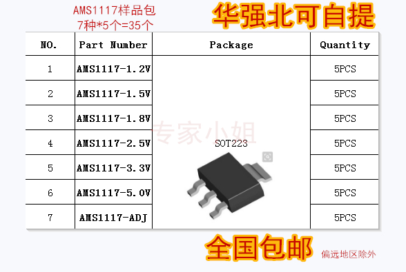 稳压管样品包AMS1117-1.2V/1.5V/1.8V/2.5V/3.3V/5.0V/ADJ7种35个-封面