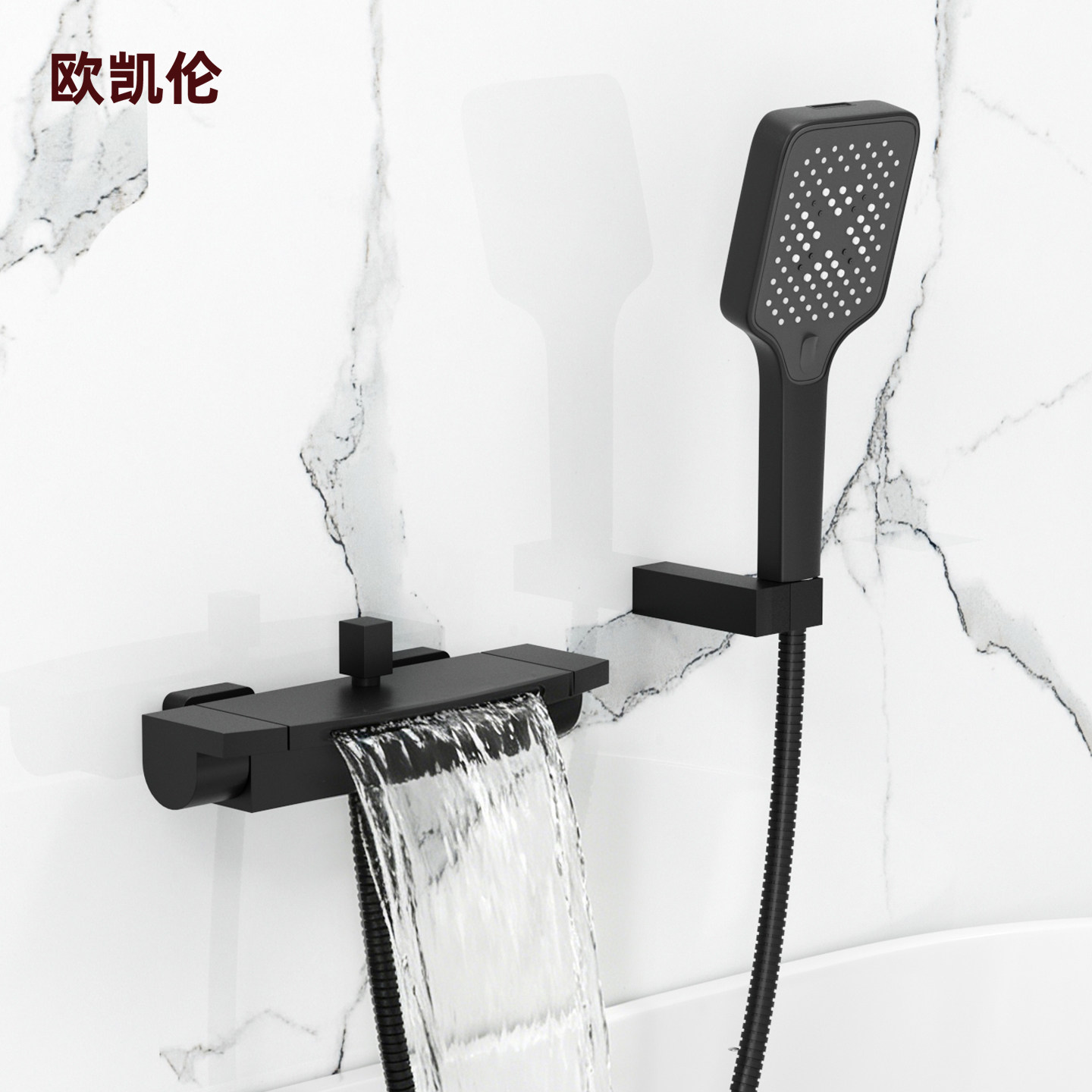 浴缸龙头瀑布出水冷热龙头花洒套装家用缸边墙装黑白淋雨精铜龙头