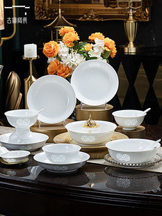 古镇陶瓷景德镇白玲珑餐具碗碟套装礼盒家用碗碟盘勺白瓷瓷器套组