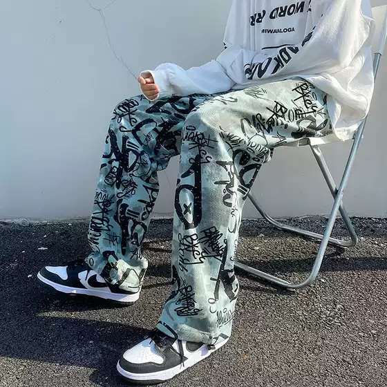 Original high street American men's pants chic design sense graffiti casual straight pants loose hip hop hip hop street dance tide
