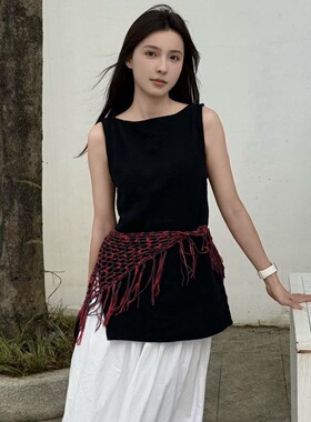 2025春夏新款叠穿辣妹神助攻镂空流苏纯手钩针织绑带屁帘头巾女