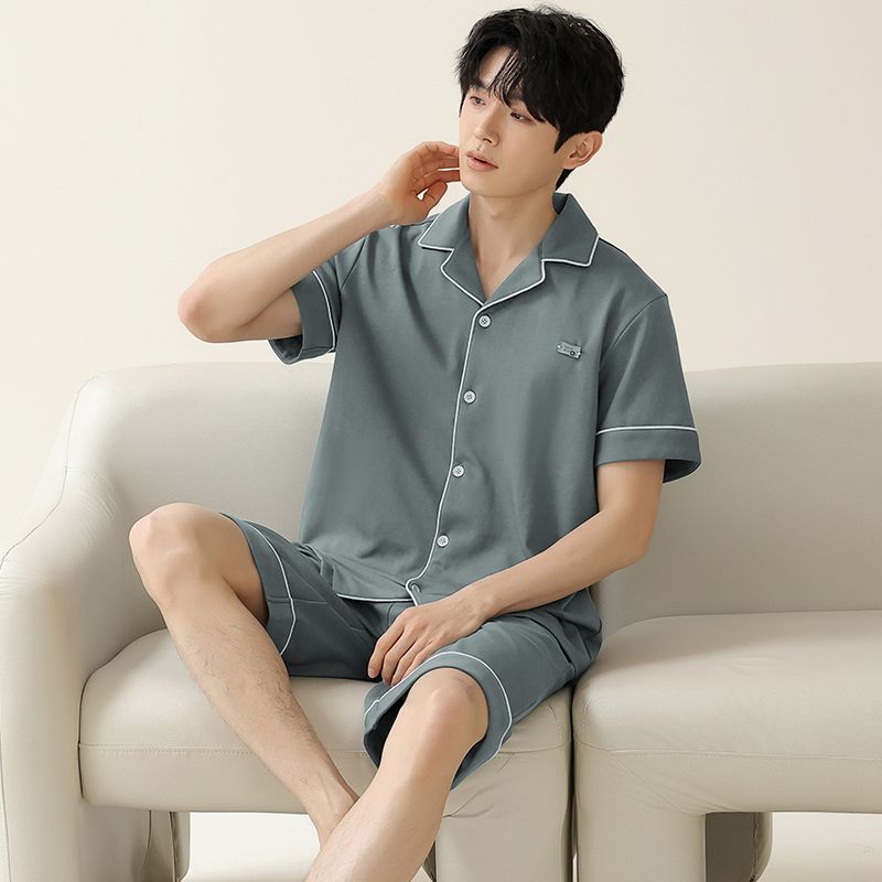 100%纯棉男士睡衣夏季短袖短裤简约开衫宽松夏天家居服套装
