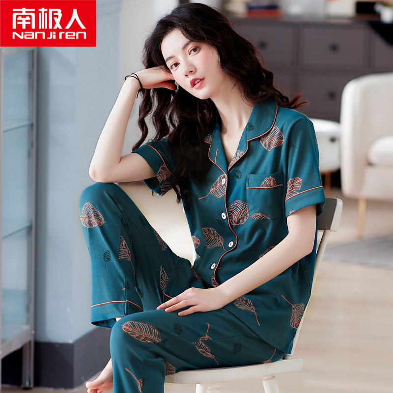 2022年新款100%纯棉睡衣女士夏季短袖长裤妈妈大码家居服薄款套装