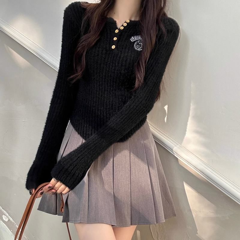 仿水貂毛刺绣针织衫毛衣女2025秋冬新款修身长袖韩系内搭打底上衣